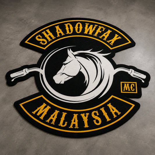 A custom printed motorcycle club logo rug displays detailed authorized artwork.