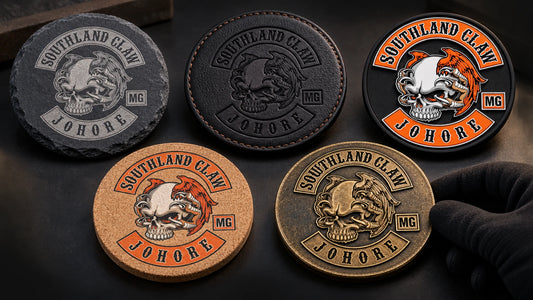 Close-up comparison of engraved, debossed, molded, printed and metal-relief motorcycle club coasters.