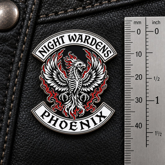 Night Wardens motorcycle vest enamel pin shown at 1.25 inches or 32 millimeters.