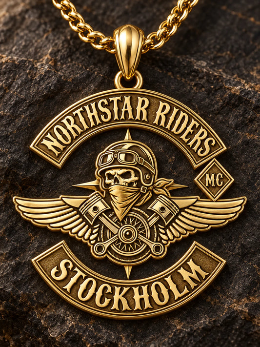 Winged solid 18K gold motorcycle club pendant based on Northstar Riders Stockholm.