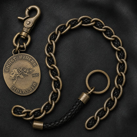 Traditional round and oval chain links featuring an authorized motorcycle club logo.