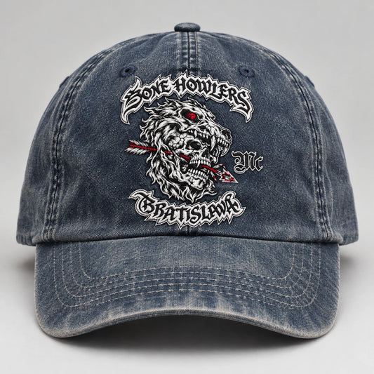 washed denim motorcycle club vintage dad hat with an authorized club logo.
