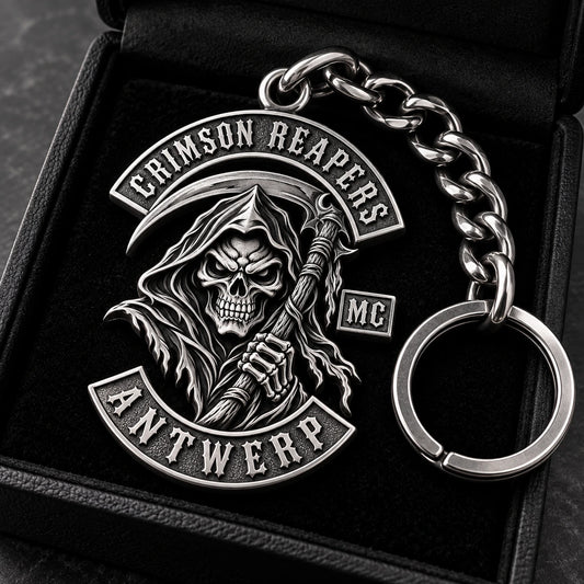 Premium 925 sterling silver motorcycle club keychain with oxidized monochrome relief and solid hardware.