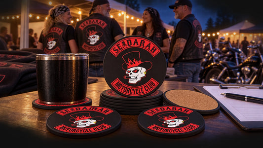 Custom PVC and cork motorcycle club coasters displayed at a rally registration and gathering table.