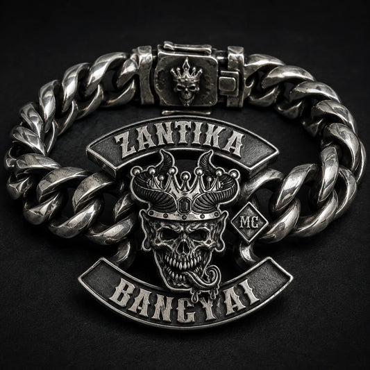 Zantika MC heavy chain bracelet with flaming skull silver centerpiece