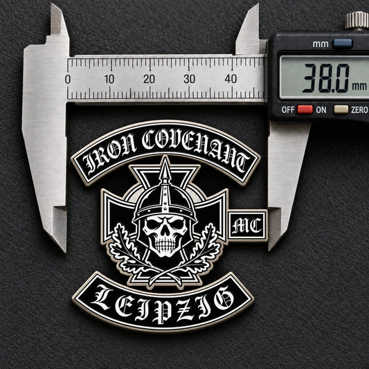 Iron Covenant Leipzig 1.5-inch motorcycle club enamel pin measured beside a metric ruler.