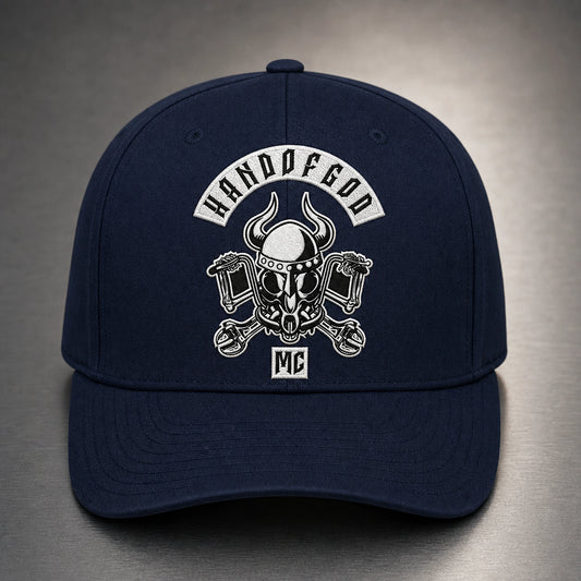 Flexible stretch-fit motorcycle club cap featuring an authorized embroidered club logo.