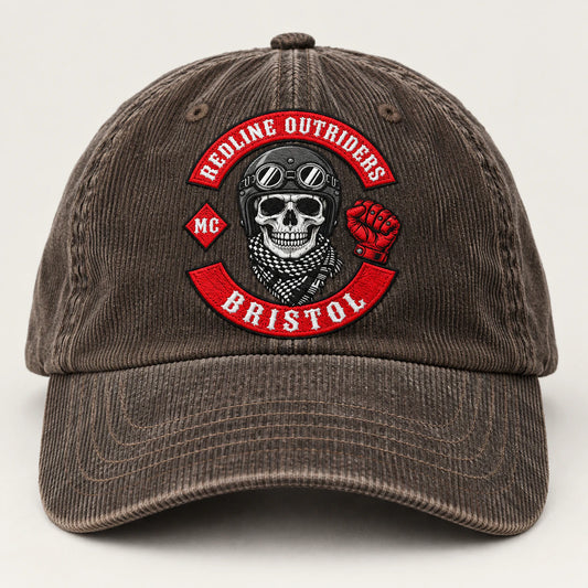 vintage corduroy motorcycle club vintage dad hat with an authorized club logo.