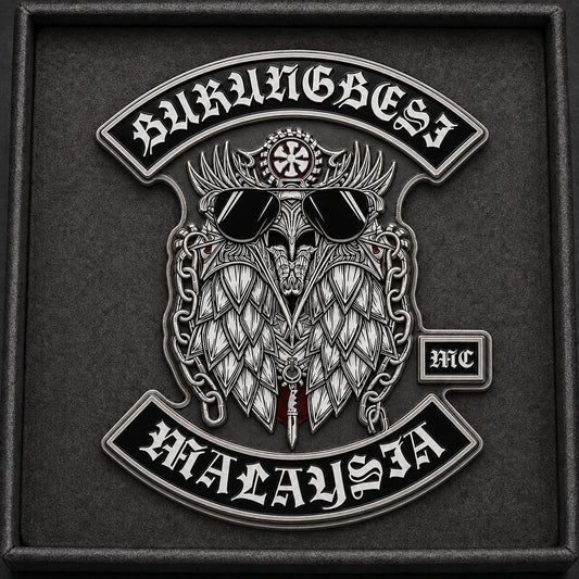 Large BurungBesi motorcycle club enamel pin with a continuous silver outline and visible recessed black and white enamel.