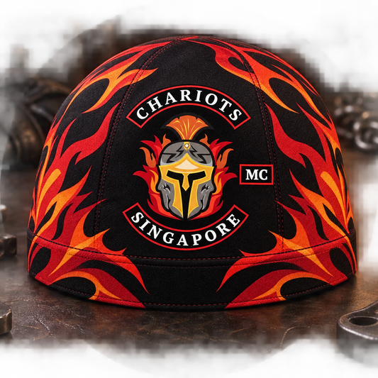 Classic Rider Skull Cap custom motorcycle club skull cap with an approved full-coverage club design.