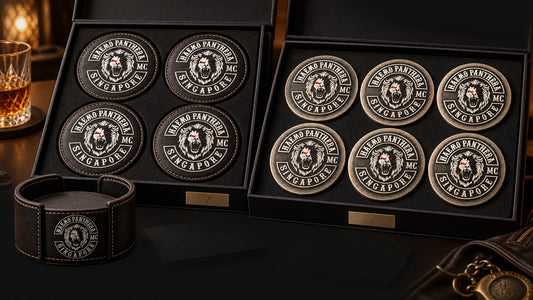Premium motorcycle club coaster gift sets in fitted boxes for members, officers and anniversaries.