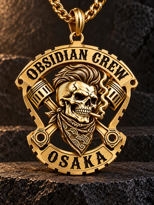 Polished and brushed solid 18K gold Obsidian Crew Osaka motorcycle club pendant built around a monocoque mechanical frame and matching chain.