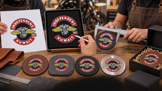 Motorcycle club coaster design process from authorized logo artwork to finished packed products.
