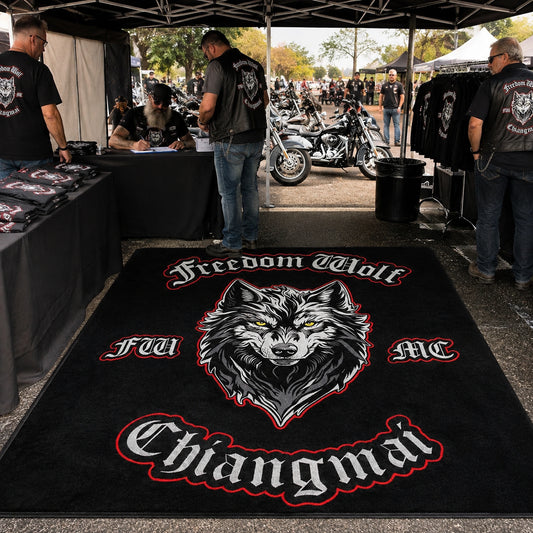 A custom motorcycle club rug defines a rally merchandise and registration booth.