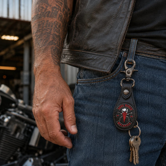 Motorcycle club rider carrying a custom leather logo keychain from a belt loop with a trigger snap.