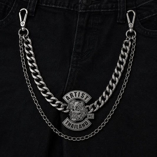 Two chains with different drops and link sizes featuring an authorized motorcycle club logo.