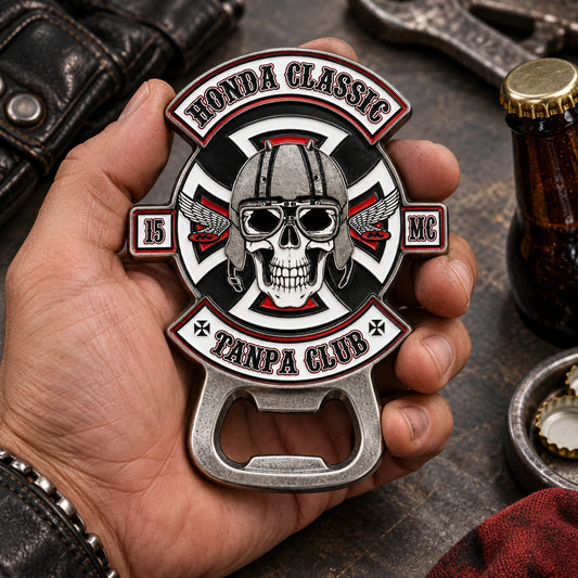 Solid zinc-alloy motorcycle club bottle opener with raised relief and a custom outline.