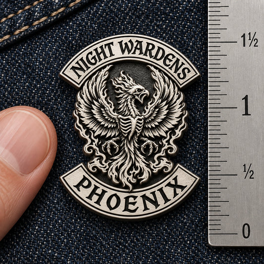 One-and-a-quarter-inch NIGHT WARDENS vest pin shown on denim beside an imperial ruler.