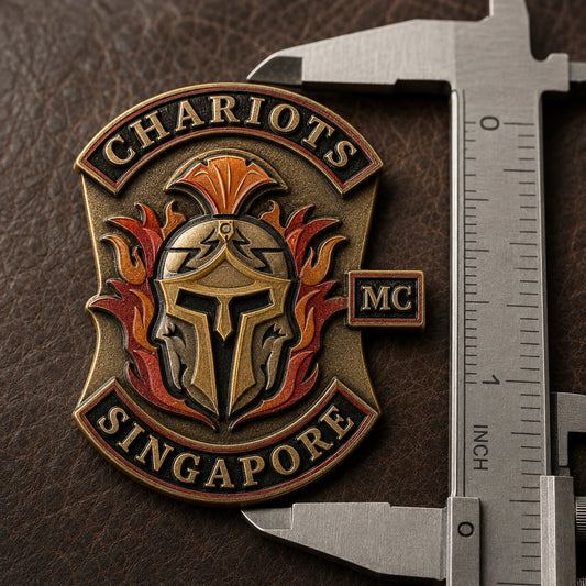 One-piece bronze CHARIOTS 3D club pin with a sculpted helmet measured at approximately 1.5 inches beside a caliper.