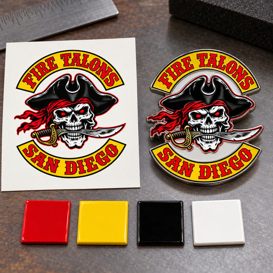 Fire Talons motorcycle club enamel pin matched to red yellow black and white artwork color references.