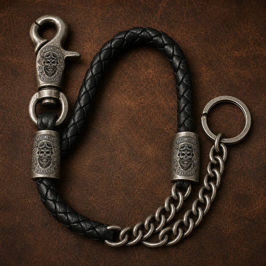 Braided leather combined with metal links featuring an authorized motorcycle club logo.