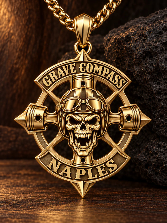 Matte-recessed solid 18K gold Grave Compass Naples motorcycle club pendant with structural compass geometry and matching chain.