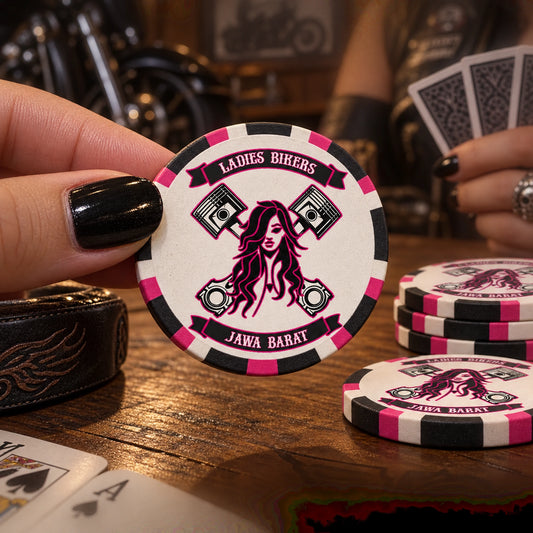 Solid clay-style motorcycle club poker chip with classic molded edge spots.