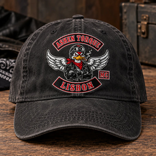 fabric strapback motorcycle club vintage dad hat with an authorized club logo.
