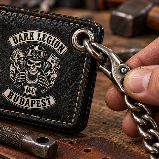 Chain-Ready Grommet shown as custom motorcycle club leather wallet gear with an authorized club emblem.