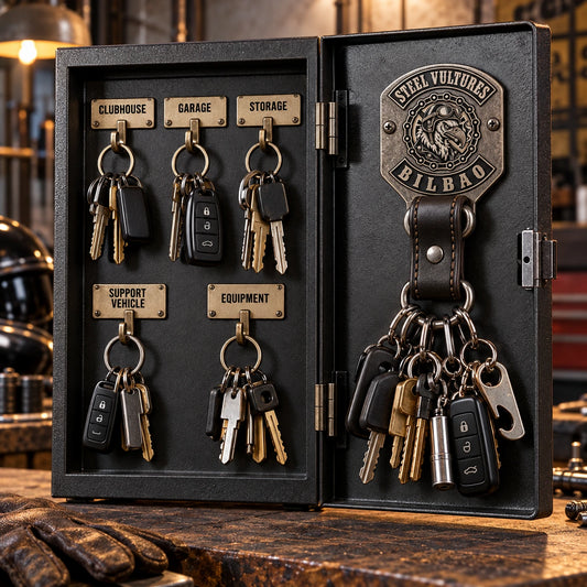Heavy-duty motorcycle club key keeper organizing clubhouse and garage keys with an authorized club emblem.