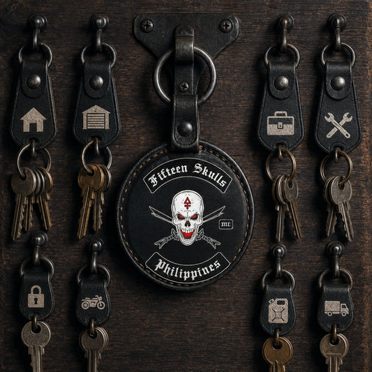 Heavy-duty motorcycle club key keeper organizing clubhouse and garage keys with an authorized club emblem.