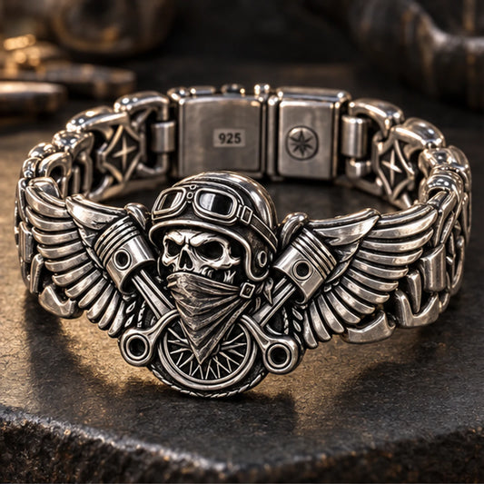 Northstar Riders Stockholm premium 925 sterling silver bracelet with aviator skull and piston links