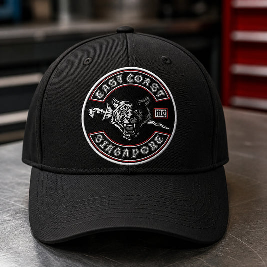 Structured motorcycle club cap holding its crown shape around an authorized embroidered club emblem.
