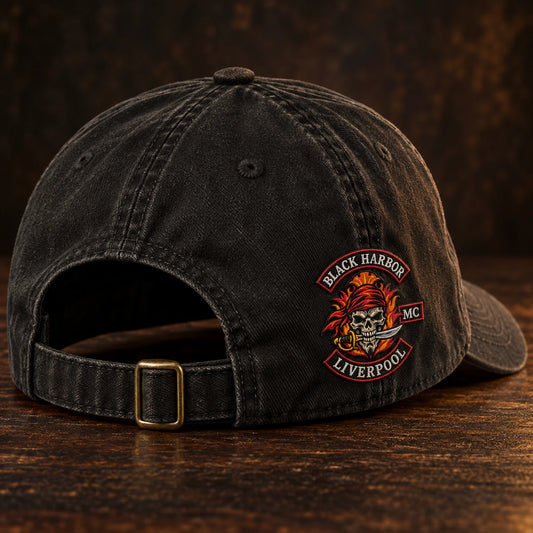 antique metal buckle motorcycle club vintage dad hat with an authorized club logo.