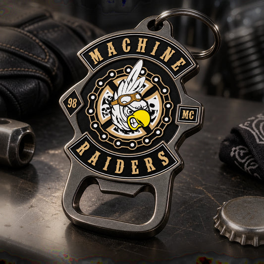 Solid black-nickel motorcycle club bottle opener with raised club artwork.