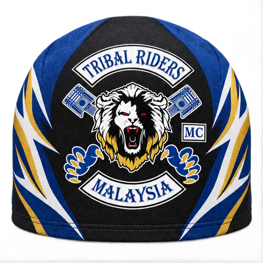 Cotton custom motorcycle club skull cap with an approved full-coverage club design.