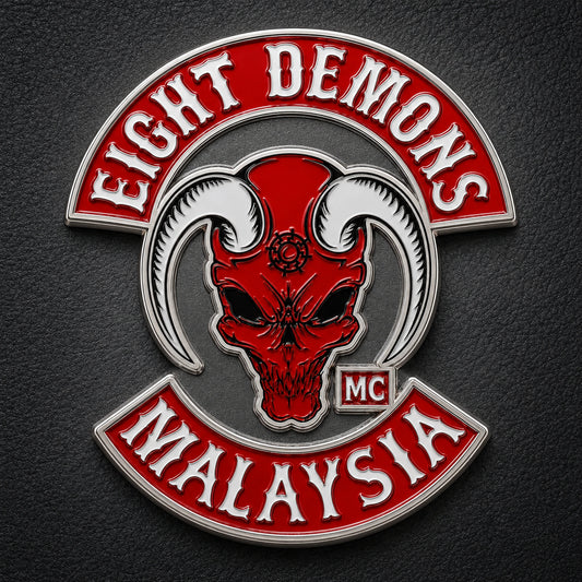 Eight Demons motorcycle club pin with a continuous bright nickel edge and clearly recessed red black and white enamel.