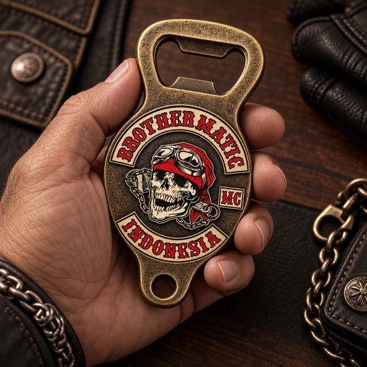 Solid antique-brass motorcycle club bottle opener with a warm heritage finish.