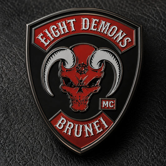 Black nickel motorcycle club enamel pin; clean conventional standard shield silhouette with a solid one-piece metal backplate.