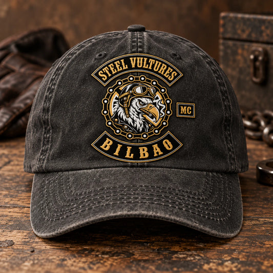 custom interior motorcycle club vintage dad hat with an authorized club logo.