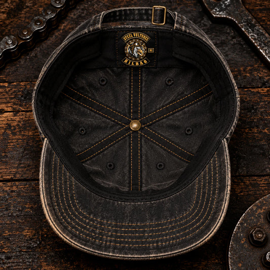 custom interior motorcycle club vintage dad hat with an authorized club logo.