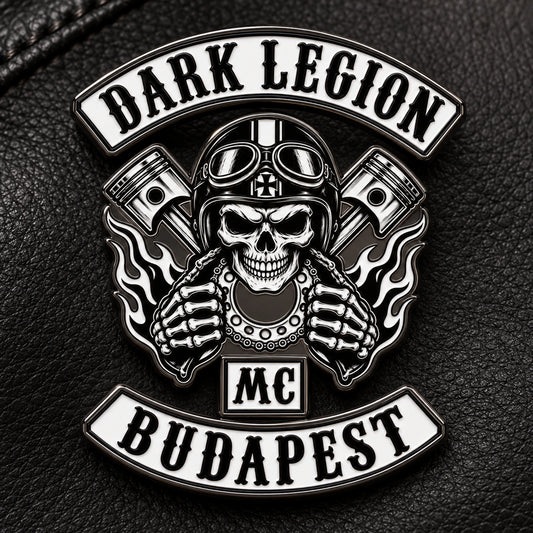 Dark Legion Budapest enamel pin with dark black-nickel metal borders on black leather.