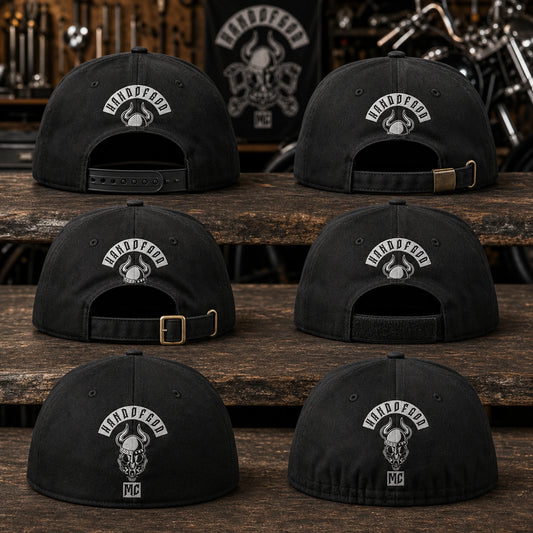 Motorcycle club caps displaying six closure options with authorized club logo details visible.
