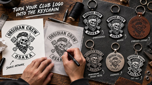 Authorized motorcycle club logo being translated into embroidered, leather and metal custom keychain samples.