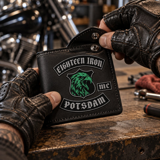 Snap Closure shown as custom motorcycle club leather wallet gear with an authorized club emblem.