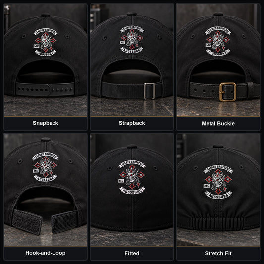 Six Sacred Brothers motorcycle club cap closeups showing snapback, strapback, metal buckle, hook-and-loop, fitted and stretch-fit rear closures.
