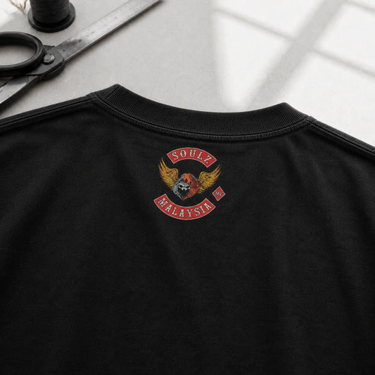 SOULZ MC Malaysia logo printed outside below the back collar of a custom motorcycle club short-sleeve T-shirt.