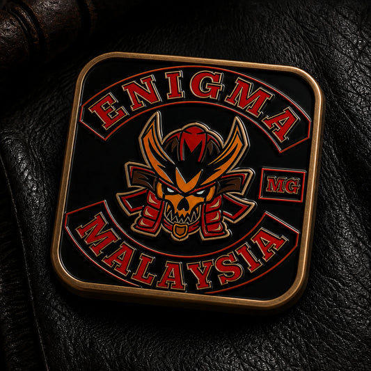 Antique brass motorcycle club enamel pin; clean conventional rounded rectangle silhouette with a solid one-piece metal backplate.