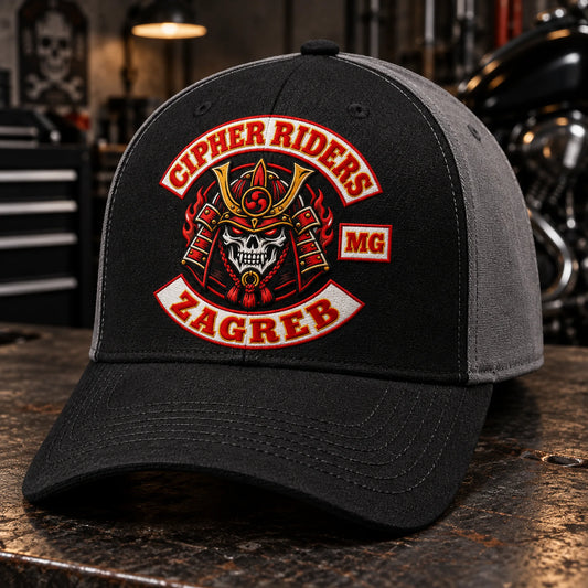 Custom black / grey motorcycle club baseball cap with a distinct authorized embroidered club logo.