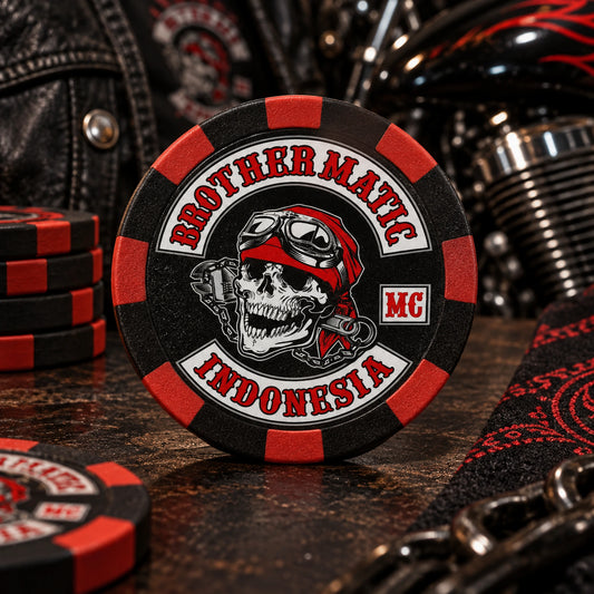 Solid black and red motorcycle club poker chip prepared for a rally collection.